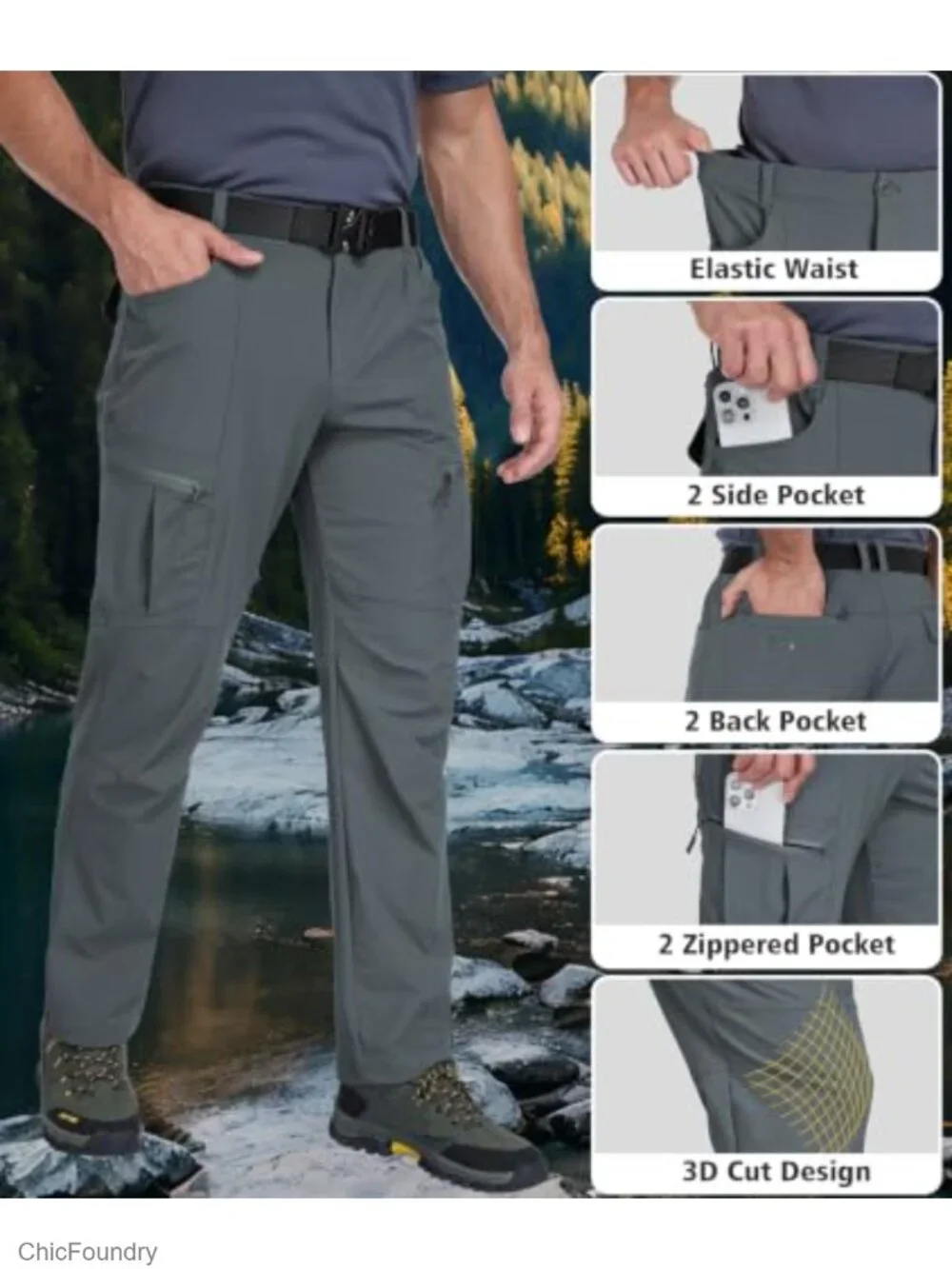 Men's Hiking Pants Lightweight Nylon Stretch Cargo Work Pants Waterproof Pockets
